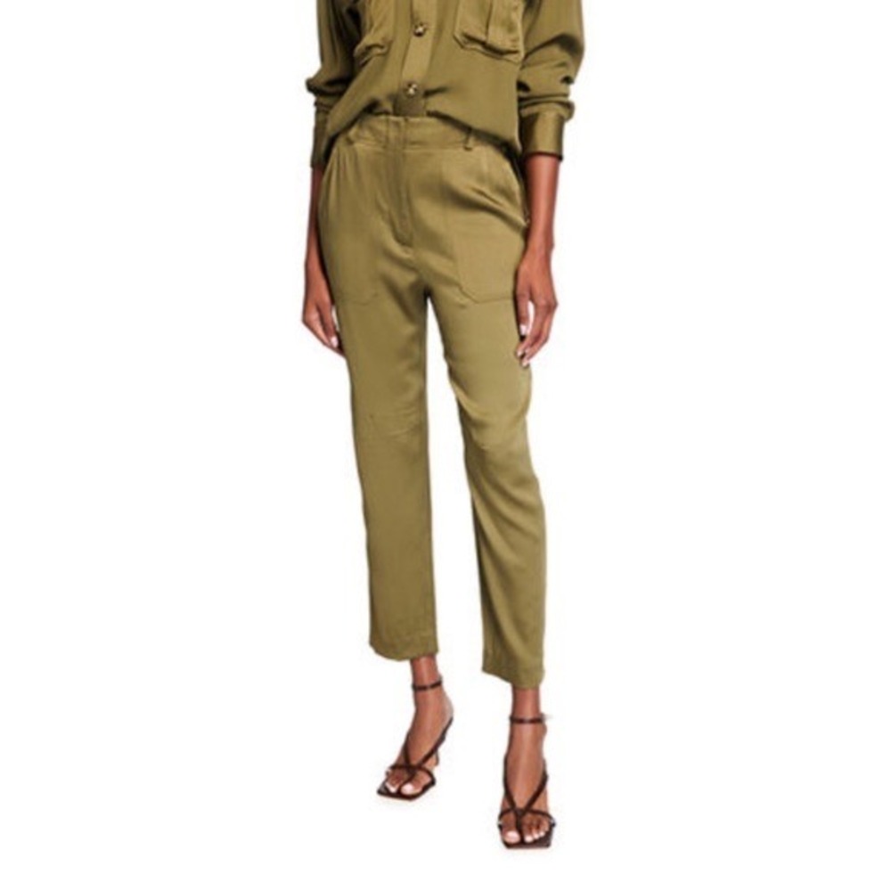 Veronica Beard Miranda Trousers Size 6 Olive Green High Rise Satin Relaxed Chic